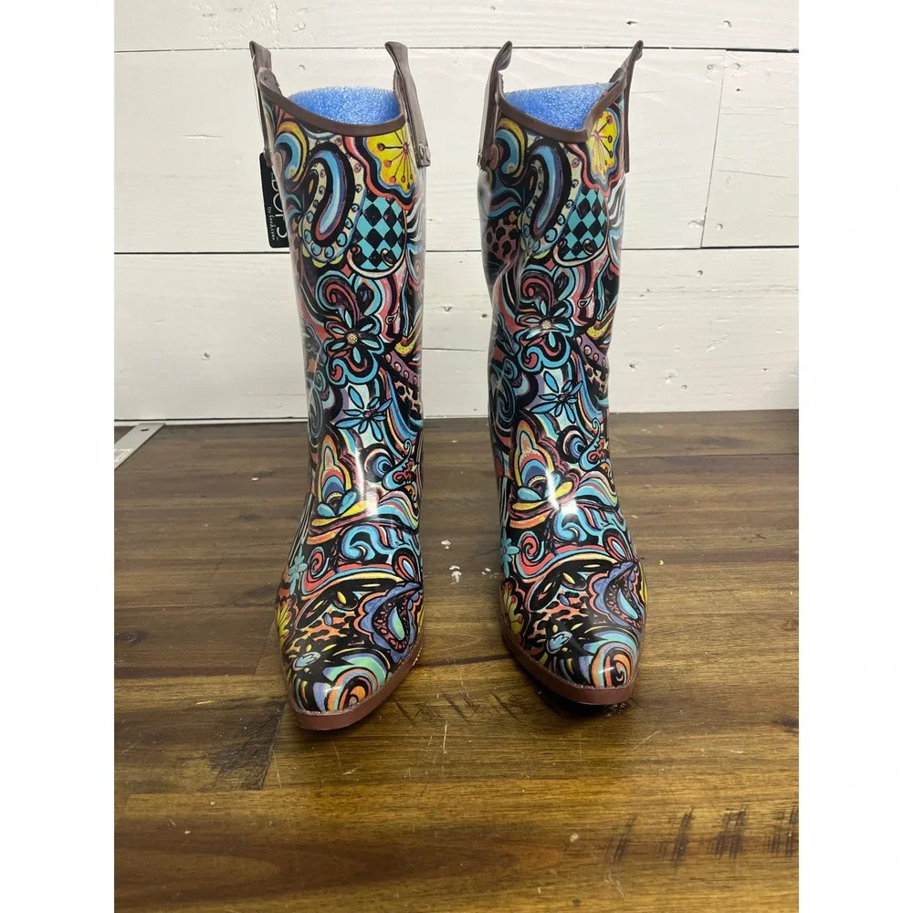 BOPS by Beehive RAIN12 Western Rain Boots‎ Psychedelic Paisley Floral Womens 8